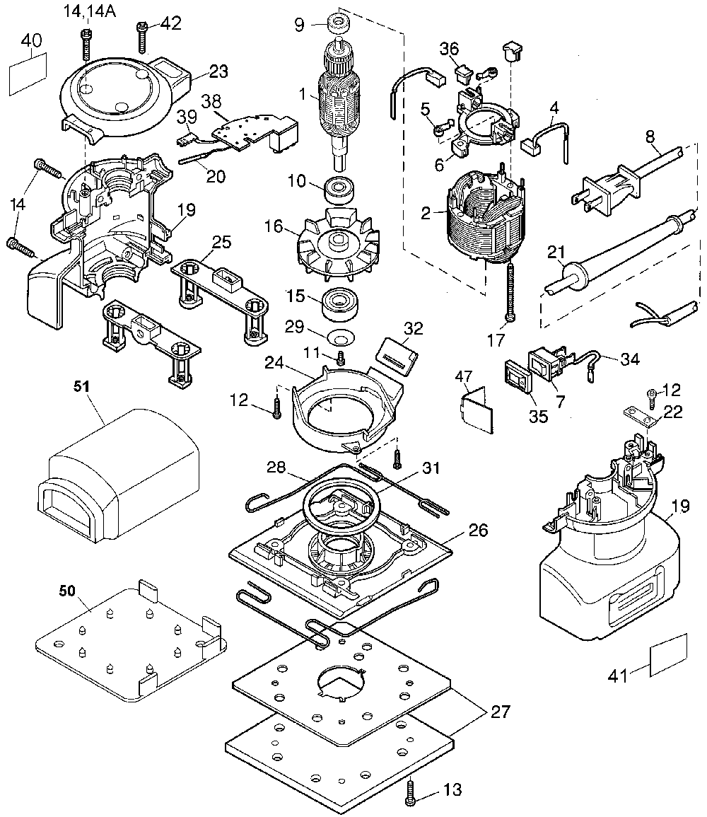 Exploded Diagram A Diagram and Parts List for PL52-25 Type 2 Black and Decker Orbital or Palm Sander